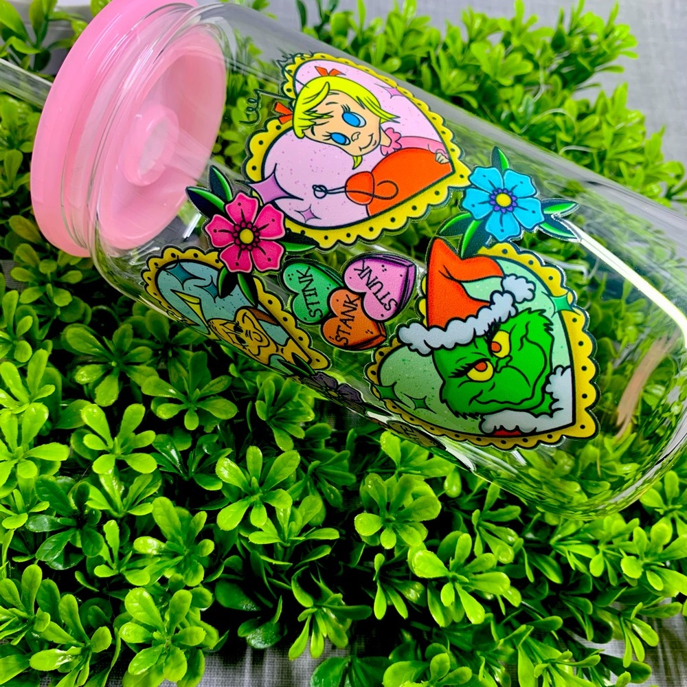 Grinch glass cup with pink lid